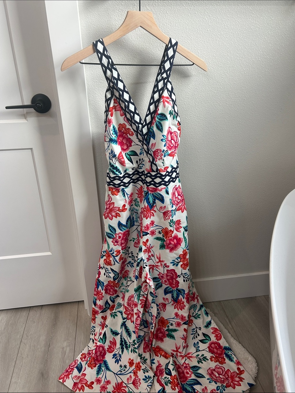 Eliza J Floral V-Neck Jumpsuit with Navy Trim - White/Multi